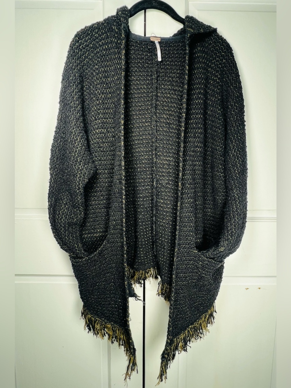 Free People "Love Me Tender" Cardigan Tan/Black Hooded Knit Fringe Hem Sz Medium